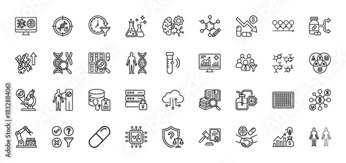 Biotechnology and medical research line icon set. Vector pictograms of dna, microscope, genetics, pharmacy, laboratory, robot and clinical trials, thin linear illustration.