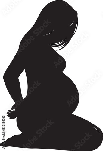 Silhouette of a pregnant woman gently cradling her belly while kneeling, symbolizing expectation, motherhood, and new life