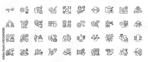 Generative ai and intellectual property line icon set. vector pictograms of text-to-image, music, coding, copyright, security, data, drawing, virtual reality, and finance, thin linear illustration.