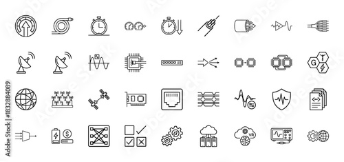 Networking and data transfer line icon set. Vector pictograms of satellite dish, fiber optics, server cloud, and processor chips, thin linear illustration.