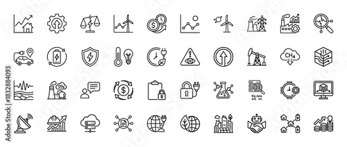 Smart energy, renewable power, and technology line icon set. Vector pictograms of wind turbines, electric vehicles, big data, and climate change, thin linear illustration.