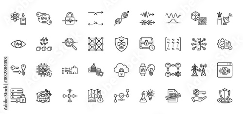 Data security and quantum technology line icon set. Vector pictograms of encryption, cryptography, blockchain, and network communication, thin linear illustration.