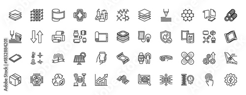 Flexible electronics and smart technology line icon set. Vector pictograms of layered materials, 3d printing, graphene, sensors, and wearable devices, thin linear illustration.
