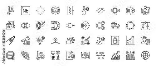 Superconductivity and advanced technology line icon set. Vector pictograms of high-temperature superconductor, cryogenic cooling, and quantum computing, thin linear illustration.