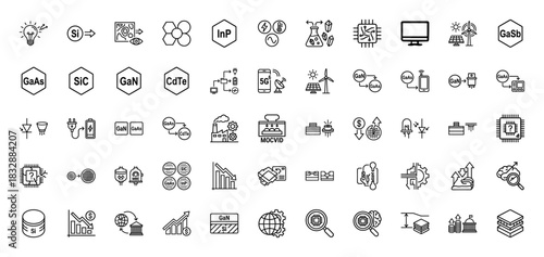 Semiconductor and optoelectronics line icon set. Vector pictograms of silicon, gaas, gan, sic, mbe, mocvd, solar, 5g, and microchip, thin linear illustration.