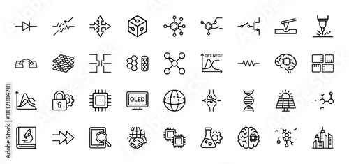 Nanotechnology and quantum computing line icon set. Vector pictograms of diode, resistor, transistors, brain chip, solar cell, and graphene, thin linear illustration.