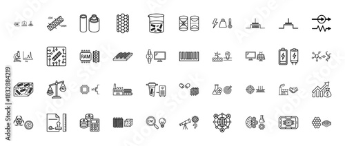 Nanotechnology and science line icon set. Vector pictograms of batteries, molecules, circuits, and research tools, thin linear illustration.