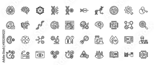 Biotechnology and synthetic biology line icon set. Vector pictograms of dna, neural network, cell, chip, brain, microscope, virus and scientist, thin linear illustration.