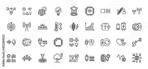 Energy harvesting and sensor technology line icon set. Vector pictograms of batteries, chips, antennas, and solar panels, thin linear illustration.