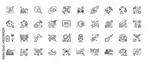 Aerospace line icon set. Vector pictograms of rockets, satellites, astronaut, rover, and planets, thin linear illustration.