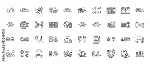 Electric vehicle and charging infrastructure line icon set. Vector pictograms of batteries, motors, and supply chains, thin linear illustration.