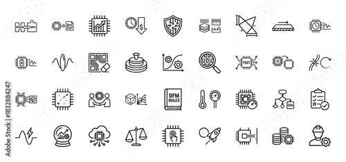Semiconductor design and manufacturing line icon set. Vector pictograms of chip design, testing, yield, and electronic design automation, thin linear illustration.