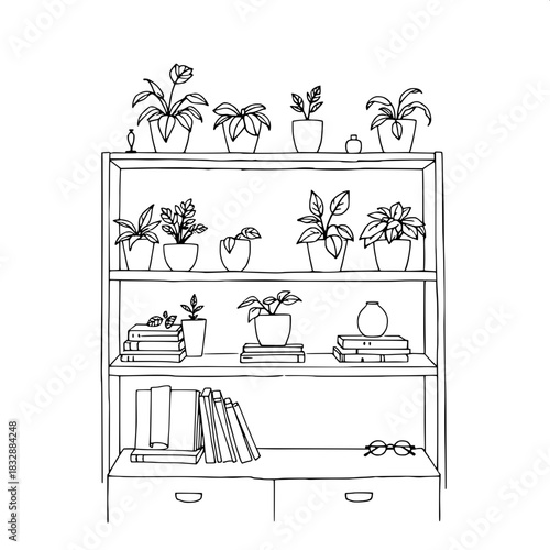 Black ink-style linear artwork displaying a tidy shelf unit with clean lines and minimal ornamentation, filled with an assortment of potted greenery featuring varying leaf shapes and sizes, stacks of 
