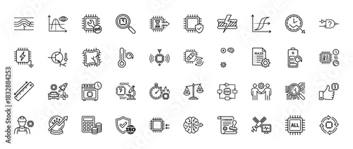 Electronics and semiconductor line icon set. Vector pictograms of chip testing, quality control, data processing, and hardware repair, thin linear illustration.