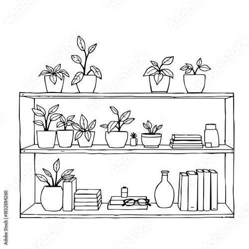 Black ink-style linear artwork displaying a tidy shelf unit with clean lines and minimal ornamentation, filled with an assortment of potted greenery featuring varying leaf shapes and sizes, stacks of 