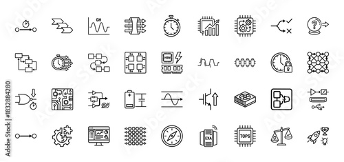 Technology and data line icon set. Vector pictograms of chip, processor, circuit, logic gate, and network, thin linear illustration.