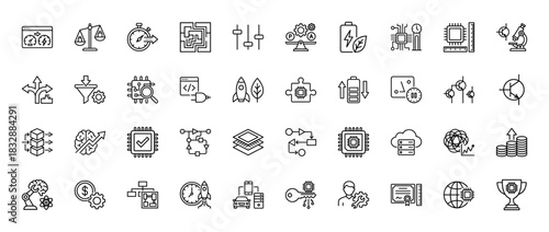Technology and engineering line icon set. Vector pictograms of algorithms, computing, efficiency, and optimization, thin linear illustration.