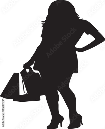 Stylish beautiful woman with shopping bags standing in elegant pose with hand on hip vector silhouette