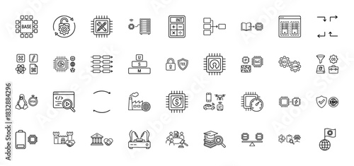 Technology and software development line icon set. Vector pictograms of microprocessor, security, server, data flow, and programming, thin linear illustration.