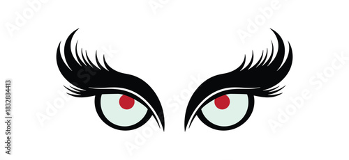 Intense gaze isolated on a pair of striking eyes with bold, black lashes and piercing red pupils, conveying mystery, allure, and captivating beauty
