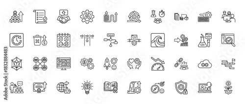 Business and development line icon set. Vector pictograms of teamwork, project management, coding, and strategy, thin linear illustration.