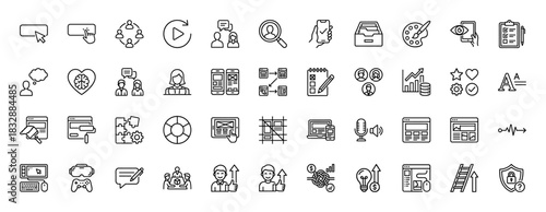 User experience and design line icon set. Vector pictograms of research, strategy, development, interface, and feedback, thin linear illustration.