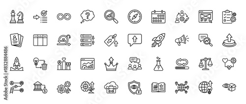 Business and strategy line icon set. Vector pictograms of teamwork, marketing, growth, agility, and project management, thin linear illustration.