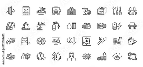 Industrial manufacturing and semiconductor technology line icon set. Vector pictograms of clean room, robotics, factory, and financial analysis, thin linear illustration.