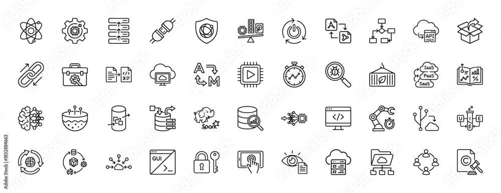 Fototapeta premium Technology and data processing line icon set. Vector pictograms of software development, security, hosting, and machine learning, thin linear illustration.