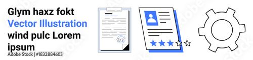 Text, document with pen, profile and star rating, and gear element. Ideal for teamwork, HR, workflow, automation, usability feedback simple landing page