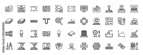 Electronics manufacturing line icon set. Vector pictograms of pcb circuit, soldering, microchip, drill, robot, engineering and assembly, thin linear illustration.