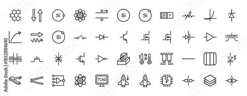 Semiconductor and electronic components line icon set. Vector pictograms of diodes, transistors, switches, and chips, thin linear illustration.