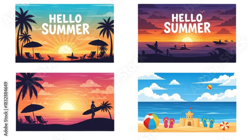 Set of summer vacation illustrations with tropical beach scenes and vibrant sunsets