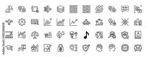 Artificial intelligence and technology line icon set. Vector pictograms of machine learning, data analysis, robotics, and coding, thin linear illustration.