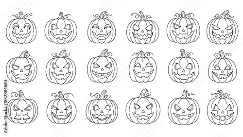 Collection of diverse Halloween pumpkin faces with spooky and cheerful expressions, presented as black and white line art illustrations set