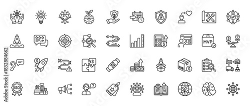 Business and strategy line icon set. Vector pictograms of idea, teamwork, growth, finance, and logistics, thin linear illustration.
