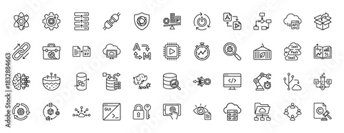 Technology and data processing line icon set. Vector pictograms of software development, security, hosting, and machine learning, thin linear illustration.