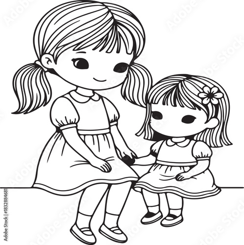 Two adorable cartoon girls, one older and one younger, sitting together, holding hands with sweet expressions