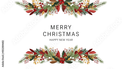 Festive Merry Christmas and Happy New Year Greeting with Botanical Design