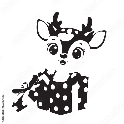 Playful cartoon fawn peering from a polka dot gift box illustration.