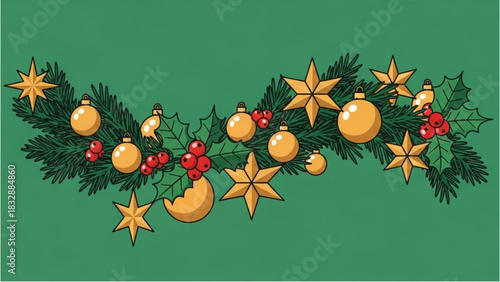 Decorative Christmas garland with golden ornaments and holly berries on a green background