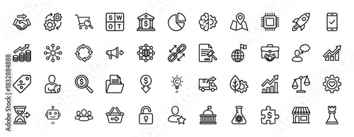 Business and finance line icon set. Vector pictograms of handshake, money, chart, graph, and strategy, thin linear illustration.