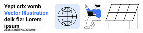 Communication, digital work, green technology, sustainability, energy solutions, global access. A globe, person with a laptop and solar panels . Communication and green technology concept