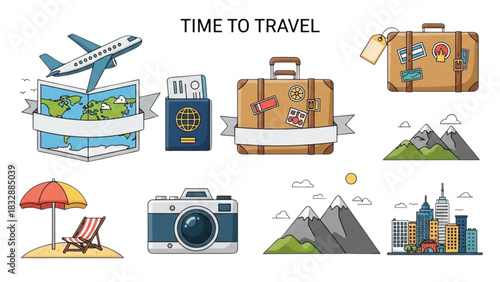 Comprehensive set of wanderlust icons representing global adventures, vacation planning, and memorable journeys
