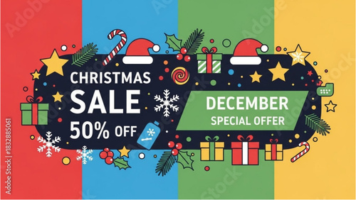 Colorful vector illustration for a December holiday sale with festive seasonal icons
