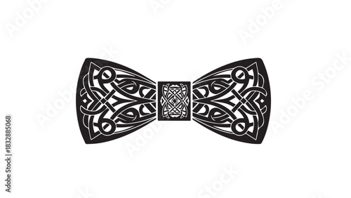 Intricately patterned black bow tie as a stylish formal accessory.