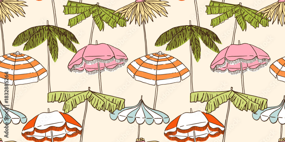Naklejka premium Seamless pattern with beach umbrellas.Tropical palm tree leaves parasols. Hand drawn ink vector illustration.Elements for poster, social media, banners, invitation.Trendy coastal summer sketch.