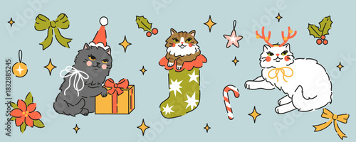 Set of Cute Christmas fluffy cats in Santa hats. Hand drawn vector illustration in vintage style. Funny retro pet character elements template. Holiday xmas card.