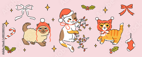 Set of Cute Christmas fluffy cats in Santa hats. Hand drawn vector illustration in vintage style. Funny retro pet character elements template. Holiday xmas card.