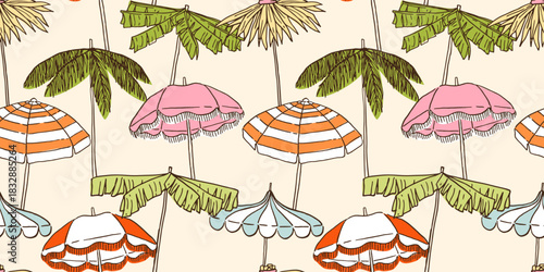 Seamless pattern with beach umbrellas.Tropical palm tree leaves parasols. Hand drawn ink vector illustration.Elements for poster, social media, banners, invitation.Trendy coastal summer sketch.